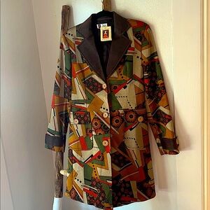 Handmade Vintage Brown Orange Geometric Print Blazer Coat - Small NWT OOAK